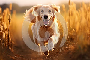 Golden Retriever running in wheat field. Golden Retriever is running in the field, A Golden Retriever dog runs energetically in a