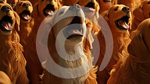 A golden retriever soloist belting out an emotional ballad as her fellow dog choir members provide backup vocals with