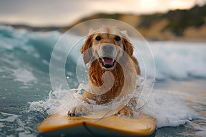 Golden Retriever surfing on a wave