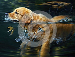 A golden retriever wading into a shallow stream scattering darting fish into the current. Lifestyle concept. AI