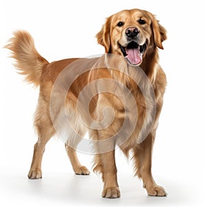 The Golden Retriever was standing and looking forward isolated on white background