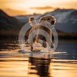 Golden Retrievers Joyful Dive into Sunset Lake