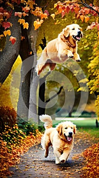Golden Retrievers jumping through autumn leaves illustration Artificial Intelligence artwork generated