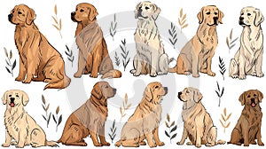 Golden Retrievers in various poses, sitting and looking in different directions, with minimalist floral elements