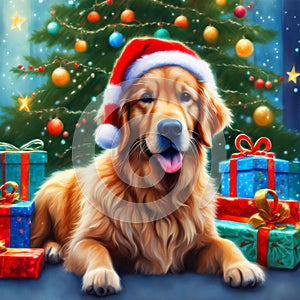 A golden retriver dog wearing Santa hat sitting near the Christmas tree