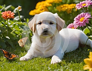 Golden Retriver puppy in Garden with flowers and greener Grass, Generative AI