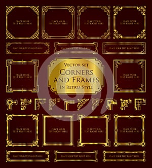 Golden retro frames, corners and calligraphic design elements
