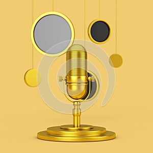 Golden Retro Microphone on a Golden Pedestal with Hanging Abstract Circles. 3d Rendering