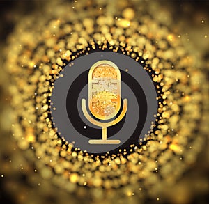 Golden retro microphone icon on blurred abstract gold circle background. Karaoke party shiny luxury banner
