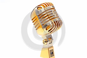 Golden Retro microphone isolated on white background with clipping path. 3d illustration
