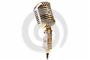 Golden Retro microphone isolated on white background with clipping path. 3d illustration