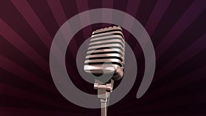 Golden retro microphone rotating on a stand. Rays are spinning on an dark background. Seamless looping