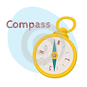 Golden retro style navigational compass, isolated cartoon vector illustration