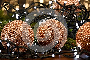 Golden rhinestones Christmas ornament with light Christmas garland stock images
