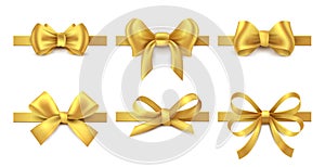 Golden ribbon bow. Holiday gift decoration, valentine present tape knot, shiny sale ribbons collection. Vector gold bows photo