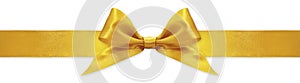 Golden ribbon bow isolated on white background, for event or gift package