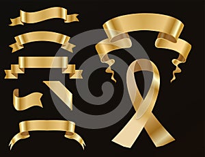 Golden ribbon tape banner flag bow classic glossy scroll vector illustration.