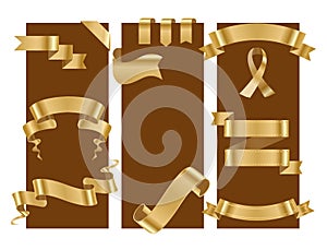 Golden ribbon tape banner flag cards bow classic glossy scroll vector illustration.