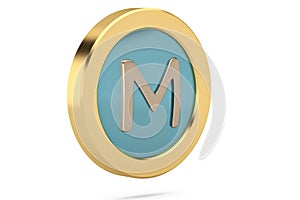 Golden ring with alphabet M on white background.3D illustration.