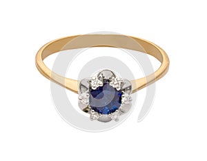 Golden ring with big sapphire and diamonds