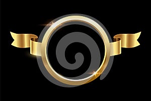 Golden ring with gradient light effect and ribbon on sides, 3d shiny circle frame