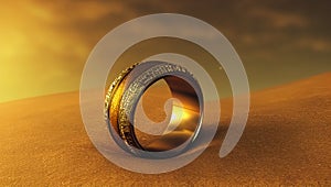 The golden ring lies on the ground under the scorching sun. A lost piece of jewelry lies on the dirty brown ground in the desert