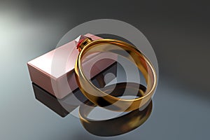 Golden ring with a red diamond on a stand close-up on a reflective surface. 3D rendering illustration of a model of a gold ring wi