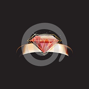 Golden ring with ruby on black background