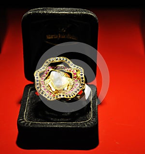 Golden Ring - White Pearl, Precious Stones, Black Velvet Box, Jewelry Store