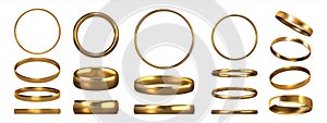 Golden rings. Realistic jewelry. View of gold accessories from different sides. Collection of metal jewels. Isolated traditional