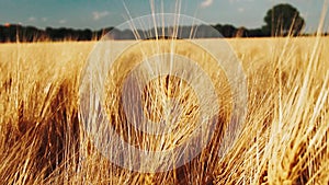 Golden ripe ears of wheat against the blue sky with white clouds. Full HD 1080p Slowmo slow motion