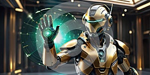 Golden robot show energy source, showcases the power of future humanoid robots, AI generated