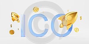 Golden rockets and cryptocurrency coins with the letters ICO symbolizing initial coin offering, on a white background, reflecting