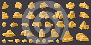Golden rocks. Gold geology mountain pebble, stone gravel, rocks pile, game design golden rocks isolated vector