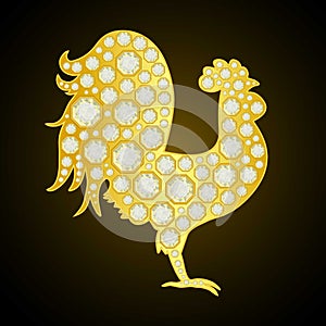 Golden Rooster with diamonds on black background. Vector illustration. Happy 2017 New Year.