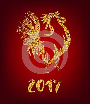 Golden rooster on red background. Chinese calendar Zodiac for 2017 New Year of cock.