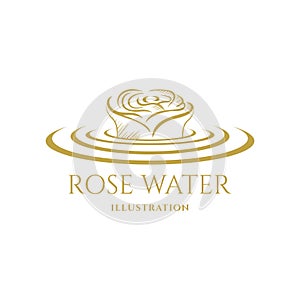 Golden Rose Flower with Pure Fresh Water Liquid Ripple Wave for Spa Yoga Wellness Icon Symbol