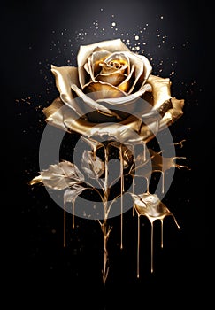 Golden rose with paint splatter on black photo