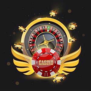 Golden roulette wheel and flying poker chips