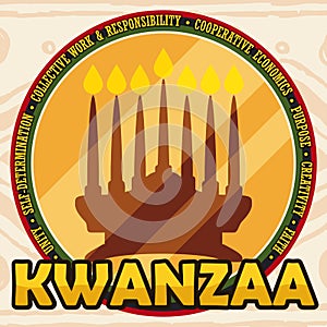 Golden Round Button with Candlelight Silhouette for Kwanzaa Celebration, Vector Illustration photo