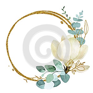 golden round frame with green eucalyptus leaves and magnolia flowers. abstract frame with splashes of gold and eucalyptus branches