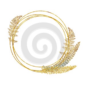 Golden round frame with hand drawn golden tropical fern branches and leaves on white background