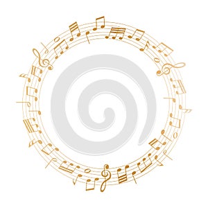 Golden round frame with music notes on white background