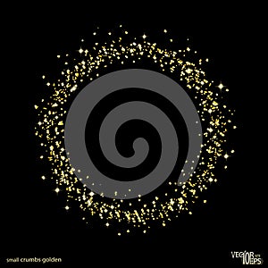 Golden round frame, sparkles. Shiny gold circle crumbs. Glitter dust isolated on black. Jewelry confetti. Vector