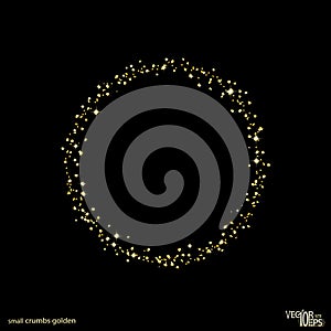 Golden round frame, sparkles. Shiny gold circle crumbs. Glitter dust isolated on black. Jewelry confetti. Vector