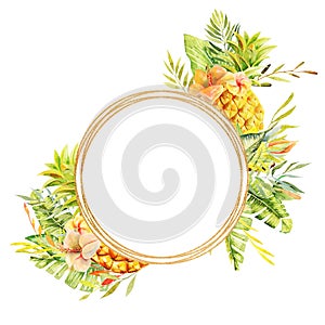 Golden round frame of watercolor pineapples and tropical green plants, leaves and flowers