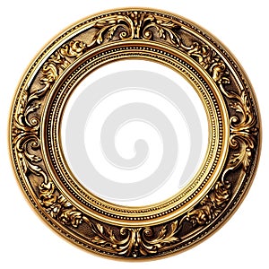 Golden round picture frame baroque style isolated white background