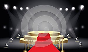 Golden round podium. Pedestal with red carpet for the award ceremony. The platform is illuminated by spotlights. Vector
