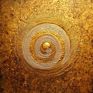 Golden Round Shape On Brass Surface With Tactile Textured Decoration