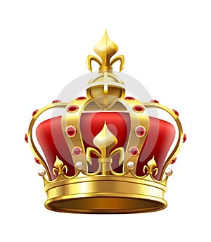 Golden royal crown with jewels. Heraldic elements, monarchic symbol for king. Monarchy accessory with red stones photo